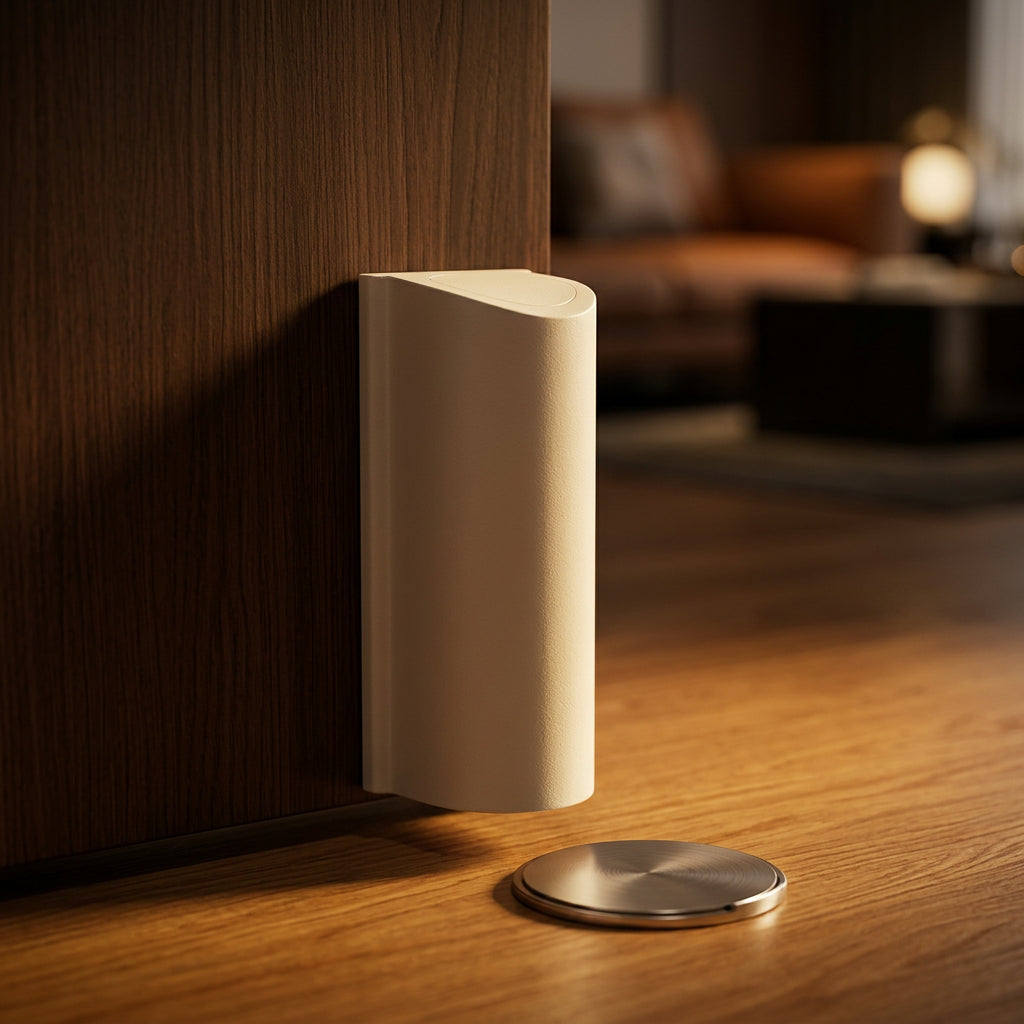 A wall-mounted white door stopper shown attached to a wooden cabinet corner on a wood floor, with a round metal floor pedal nearby. Text on the image reads 'Hole-free door stopper' and 'Silent opening and closing'.
