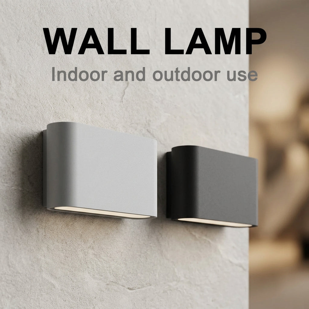 Two wall lamp fixtures, one gray and one black, on a white background with text indicating indoor and outdoor use.
