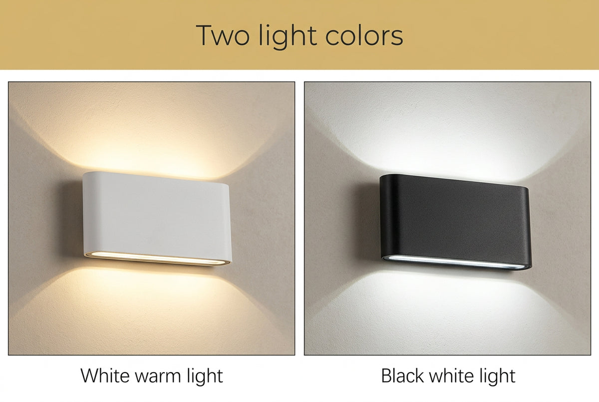 Two wall lights showing white warm light and black white light on a gray background.