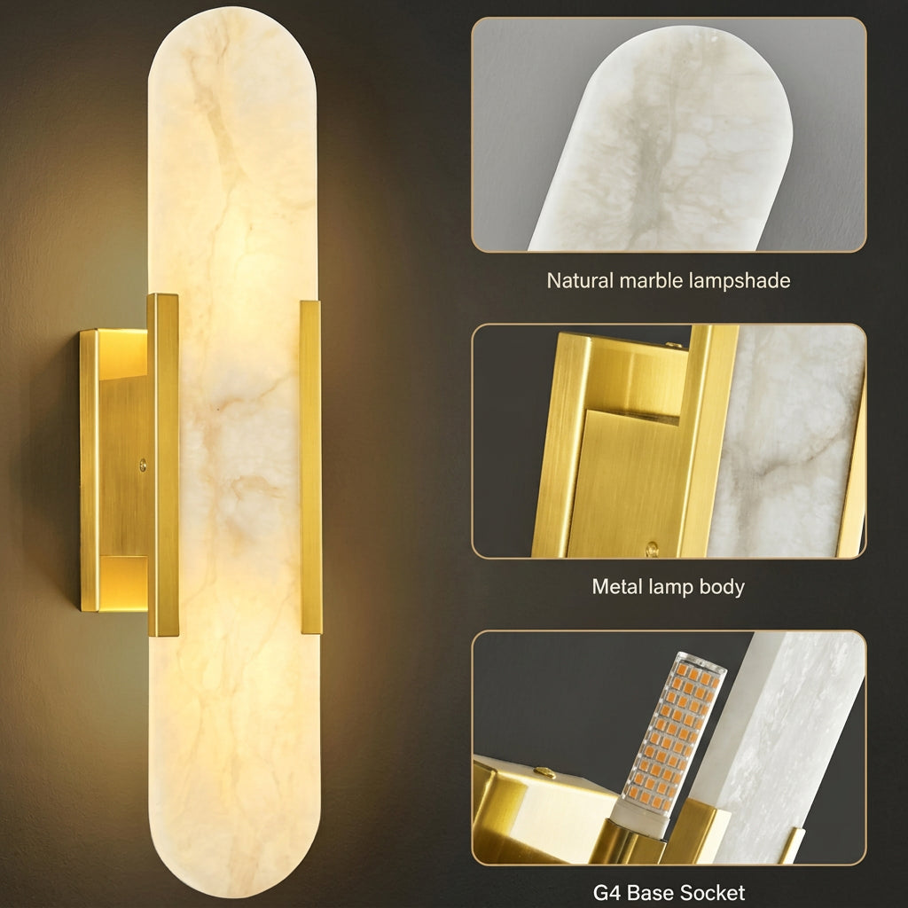 A modern wall-mounted light fixture with a vertical natural marble lampshade and a brushed gold metal body, shown alongside three detail inset images highlighting the marble shade, metal body, and G4 base socket.