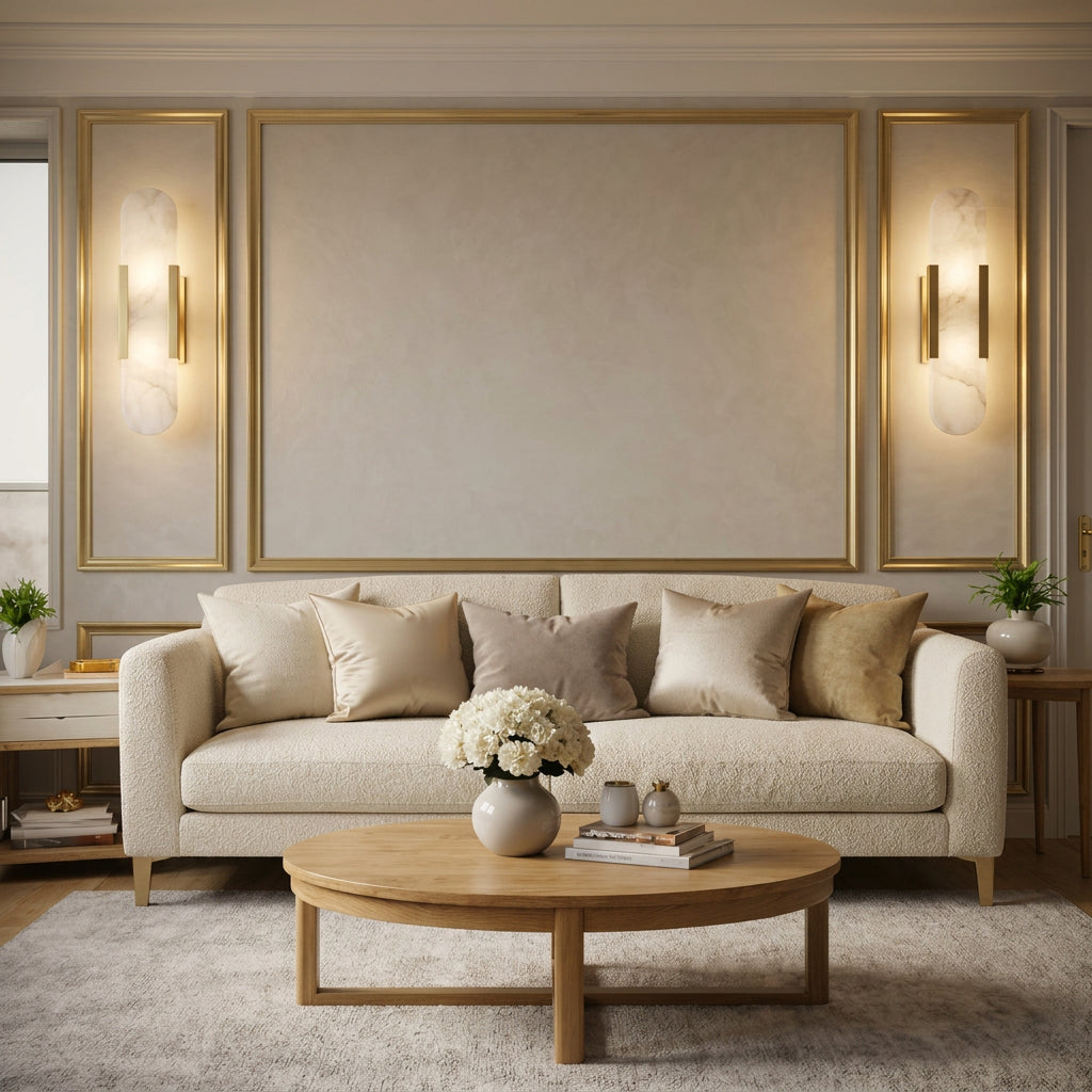 A modern living room setup featuring a light gray fabric sofa with decorative throw pillows, a round wooden coffee table, and a large decorative wall panel with gold frames and illuminated sconces.